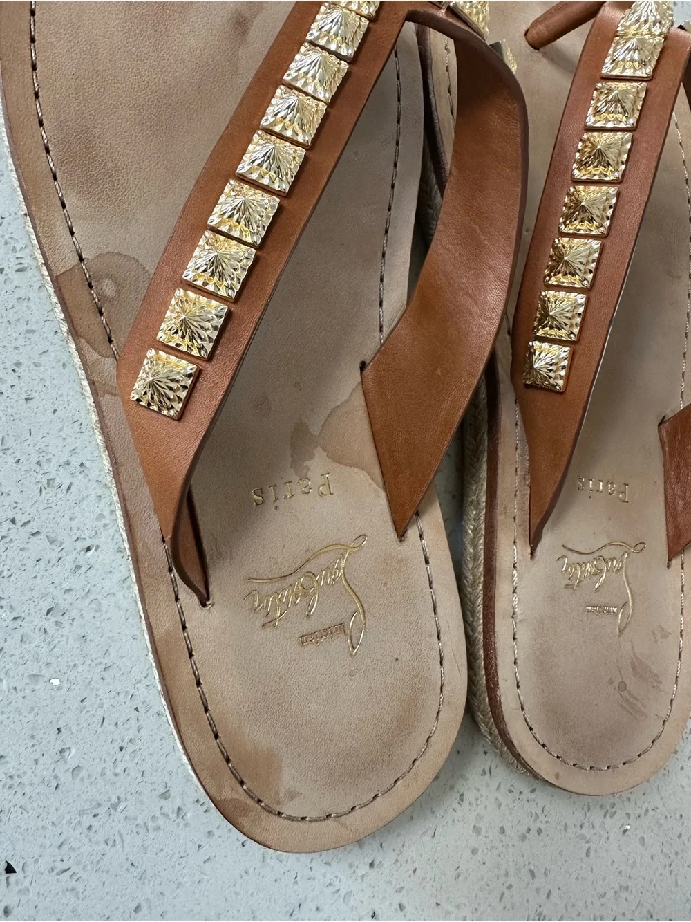 Christian Louboutin Brown Leather Sandal Thong with Gold Studs